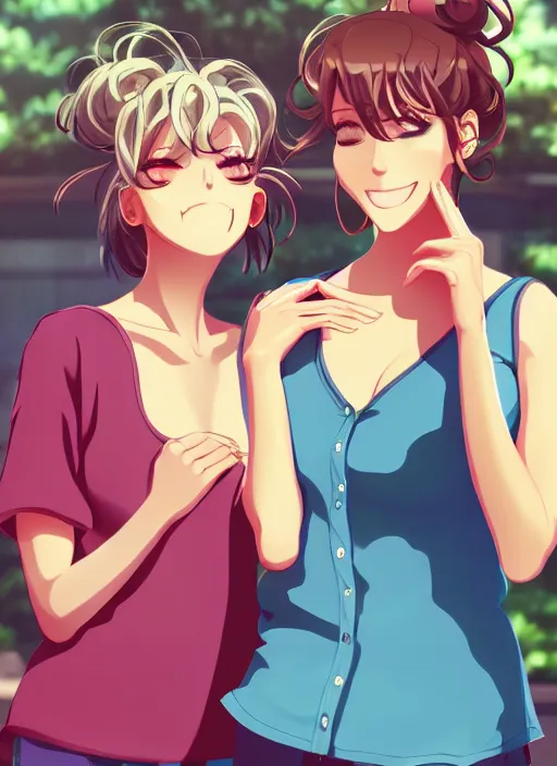 Image similar to two beautiful mature women in a summer home, casual summer clothes, gorgeous faces, thick lines, cinematic lighting, detailed anime art