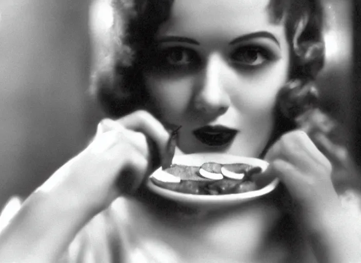 Prompt: cinematic 1 9 2 0 s portrait of bar refaeli eating saltines, bokeh,