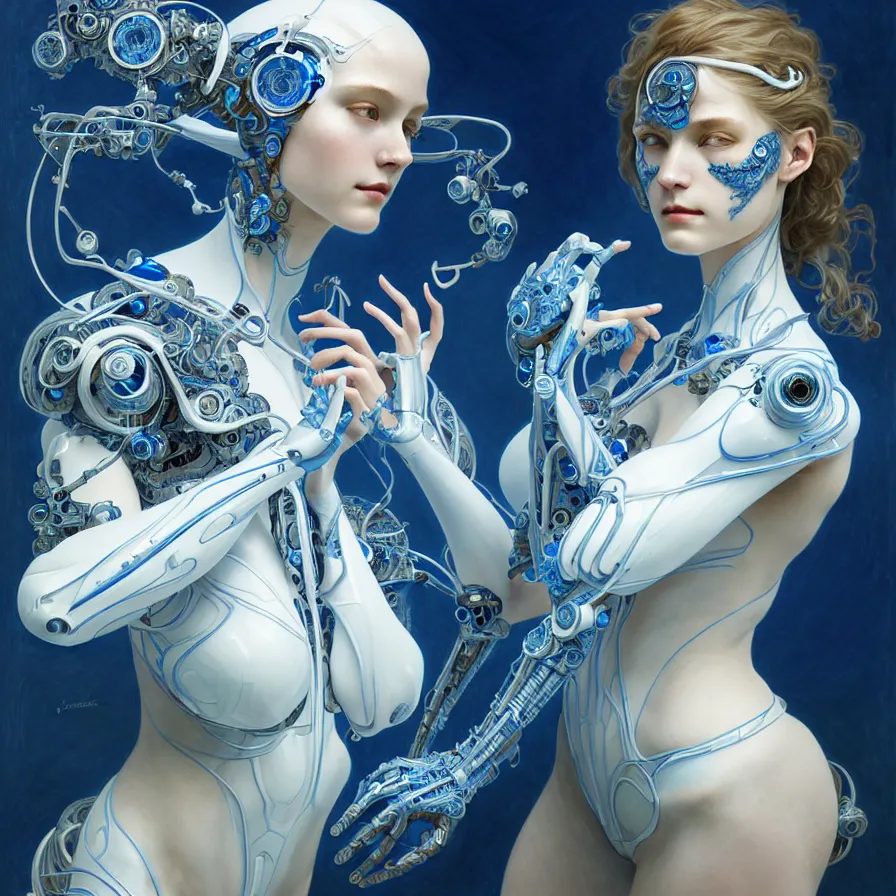 Image similar to organic cyborg, blue and white porcelain, diffuse lighting, fantasy, intricate, elegant, highly detailed, lifelike, photorealistic, digital painting, artstation, illustration, concept art, smooth, sharp focus, art by john collier and albert aublet and krenz cushart and artem demura and alphonse mucha