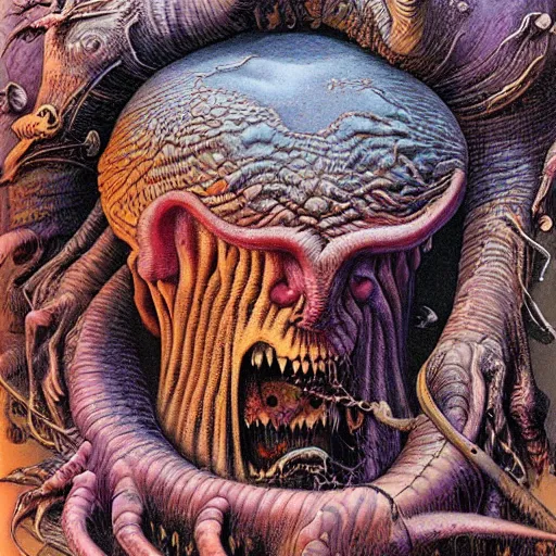 Prompt: madness creature, fluid, smooth, organic, crazy, bright, colours, tumours, very detailed, intricate, by giger and corben and moebius and beksinski and bosch and bacon