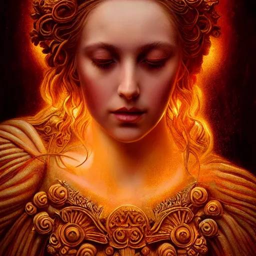 Image similar to majestic gracious regal seductive deity persephone portrait, ancient greece, atmospheric lighting, painted, ravenous, tempestuous, humble, intricate, volumetric lighting, beautiful, rich deep colours masterpiece, golden hour, golden ratio, sharp focus, ultra detailed, by leesha hannigan, ross tran, thierry doizon, kai carpenter, ignacio fernandez rios