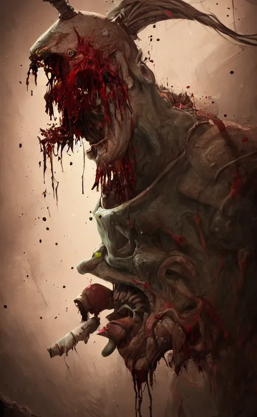 Image similar to photorealistic fantasy concept art of pinocchio as a monster, with bloody dripping down his face and mouth, dynamic lighting, cinematic, ultra detailed, stunning visuals, creative, trending on art station