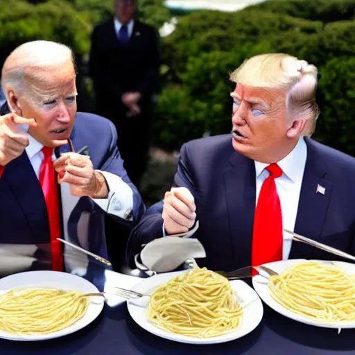 Prompt: Joe Biden and Donald Trump eating spaghetti with beans