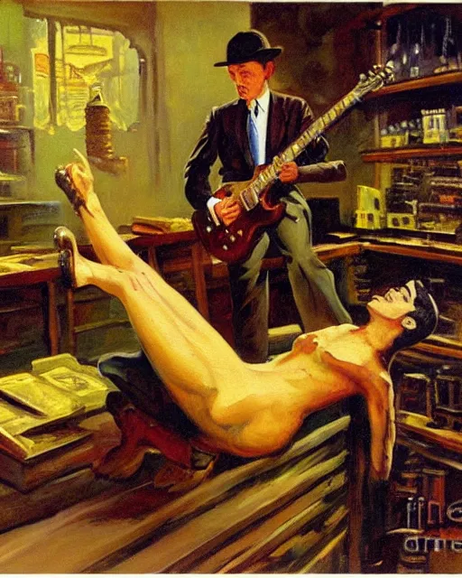 Image similar to Snake Oil salesman shredding on a Gibson Les Paul in a snake oil warehouse, painting by Frank Frazetta