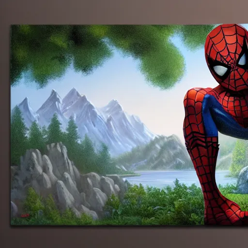 Image similar to a closeup photorealistic photograph of bob ross working on a canvas painting of spiderman. film still. brightly lit scene. mountains and trees. this 4 k hd image is trending on artstation, featured on behance, well - rendered, extra crisp, features intricate detail, epic composition and the style of unreal engine.