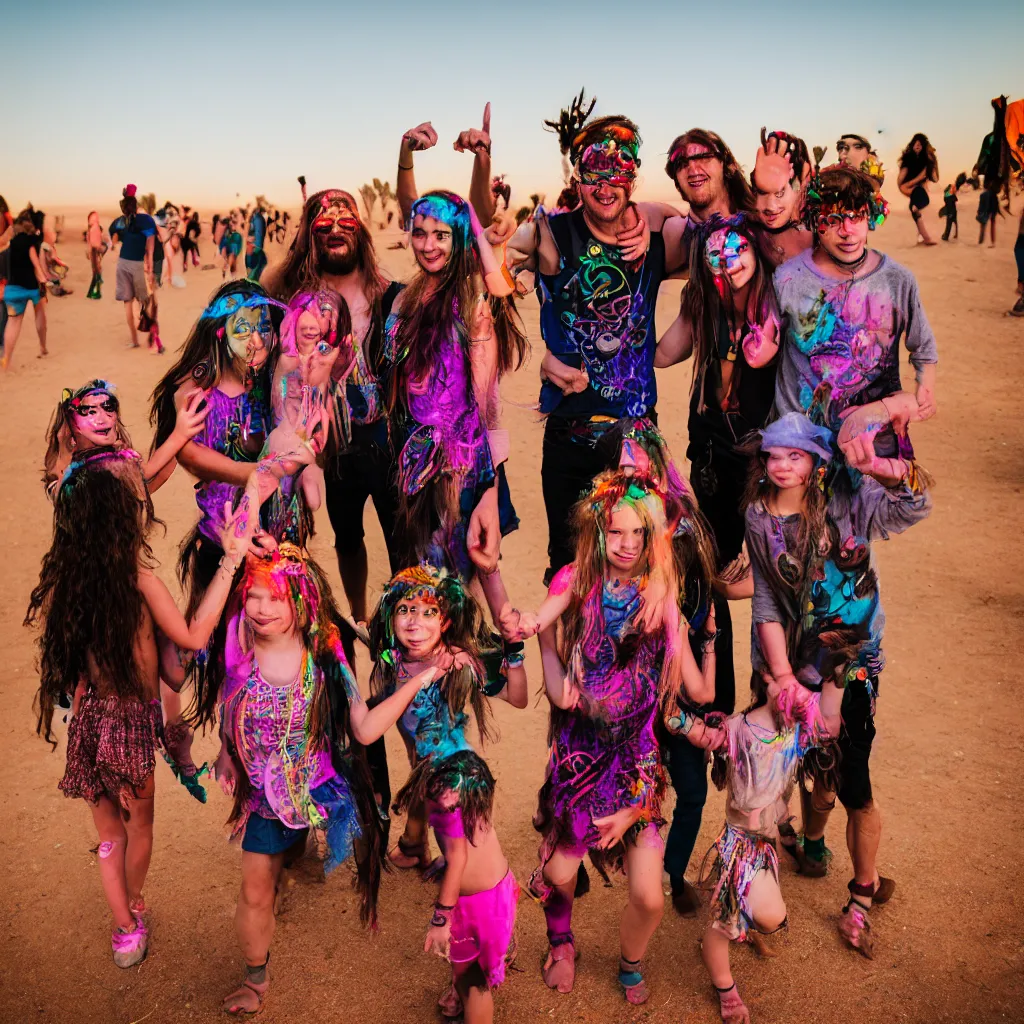 Image similar to family hippy rave in the desert, XF IQ4, 150MP, 50mm, F1.4, ISO 200, 1/160s, dawn