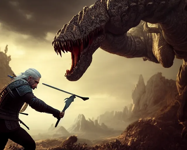 Prompt: 5 5 mm portrait photo of geralt fighting a 5 headed hydra with aard. magical atmosphere. art by greg rutkowski. highly detailed 8 k. intricate. lifelike. soft light. nikon d 8 5 0.