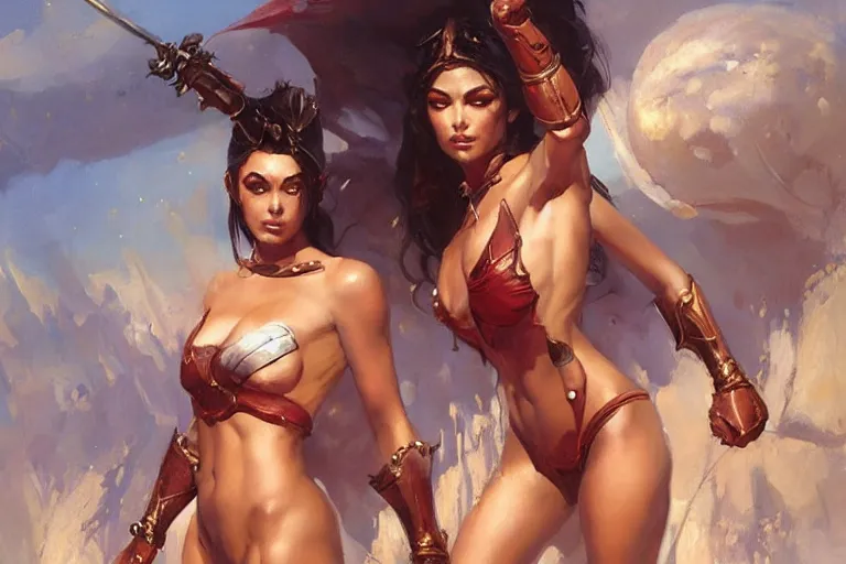 Image similar to A beautiful oil painting of a pretty girl in bikini armor, by Lucas Graciano, Frank Frazetta, Greg Rutkowski, Boris Vallejo, epic, fantasy, character art, high fantasy