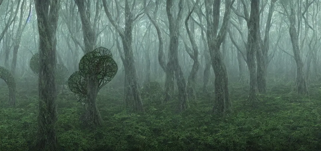 Prompt: a complex organic fractal 3 d ceramic megastructure skyscraper in a swampy lush forest, foggy, cinematic shot, photo still from movie by denis villeneuve