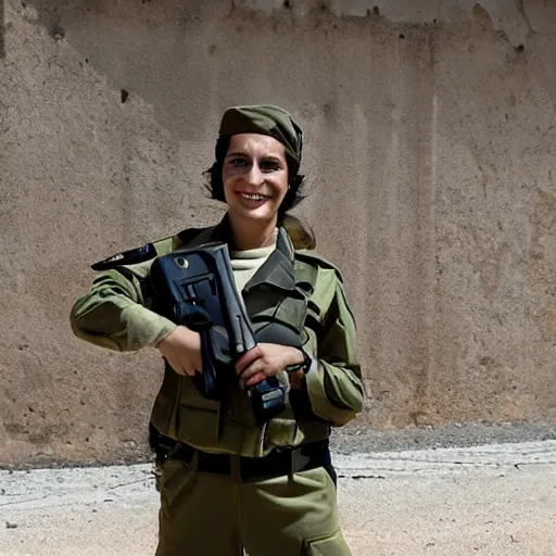 Image similar to a female israeli defence force soldier holding a stapler to her head and smile by donato gianocola
