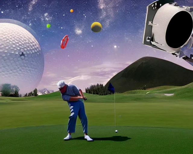 Prompt: an astronaut playing golf in space, 3d art by marco zagara