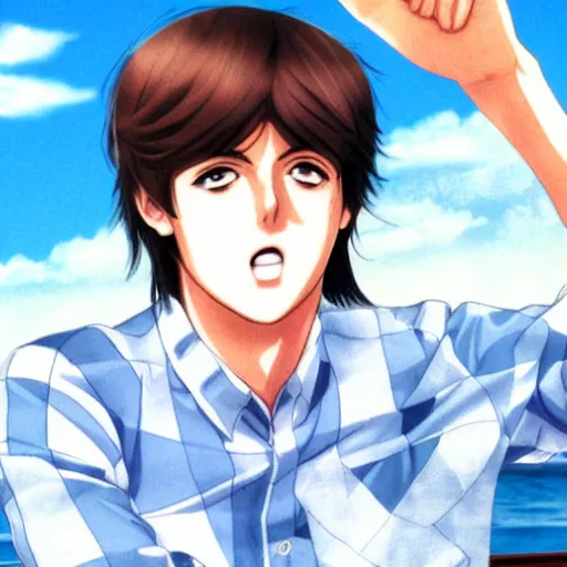 Image similar to anime illustration of young Paul McCartney from the Beatles, wearing a blue and white check shirt, on a yacht at sea, relaxing and smiling at camera, white clouds, ufotable