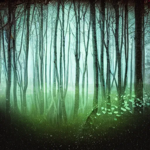 Image similar to polaroid style of a surreal artsy dream forest backdrop overlay, double exposure