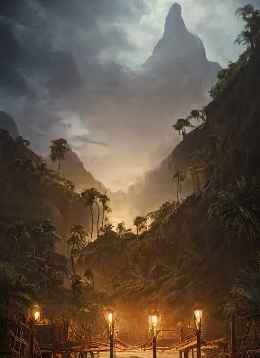 Image similar to wooden palisade wall on a tropical island kit by torches in a Storm night, giant Gorilla sillouhette in the background, intricate Details, raphael lacoste, eddie mendoza, alex ross, concept art, matte painting, highly detailed, rule of thirds, dynamic lighting, cinematic, detailed, denoised, centerd, clean render