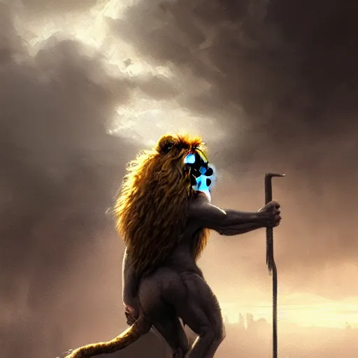 Prompt: an anthropomorphic half lion half human holding a wand,wizard,fantasy art,digital art,art by greg rutkowski,realiatic,photorealistic,hyperdetailed,detailed face,professional lighting,mysterious,cinematic