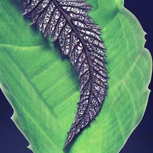 Image similar to beautiful digital illustration of Intricate a whole fantasy leaf, encrusted jewels, illustration, detailed veins, sharp focus, octane render, high quality, 8k, volumetric lighting, on black background