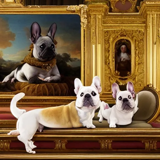 Image similar to 8k highly detailed oil matte painting in the style of Charles Landelle of A French Bulldog Louis XIV, decadent throne room, the other animals prostrate themselves before the throne, French architecture