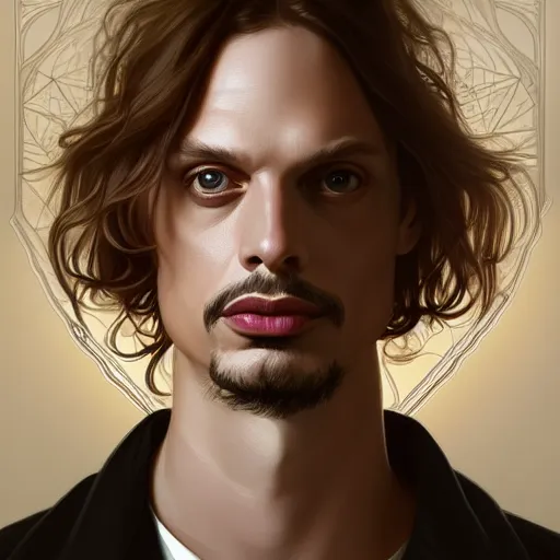 Prompt: symmetry portrait of matthew gray gubler, intricate, elegant, highly detailed, digital painting, artstation, concept art, smooth, sharp focus, illustration, art by artgerm and greg rutkowski and alphonse mucha