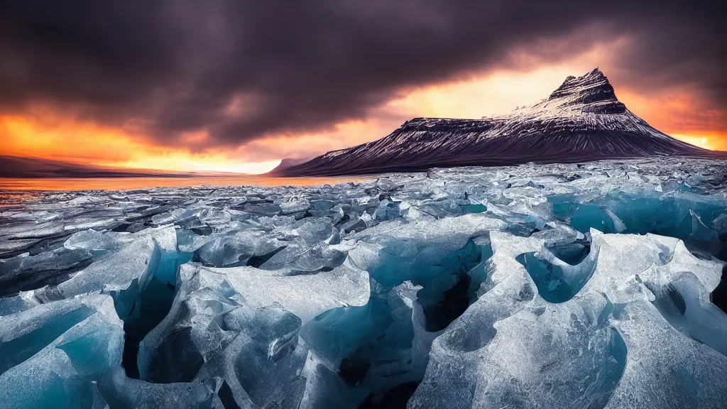 Image similar to amazing landscape photo of iceland in sunset by marc adamus, beautiful dramatic lighting