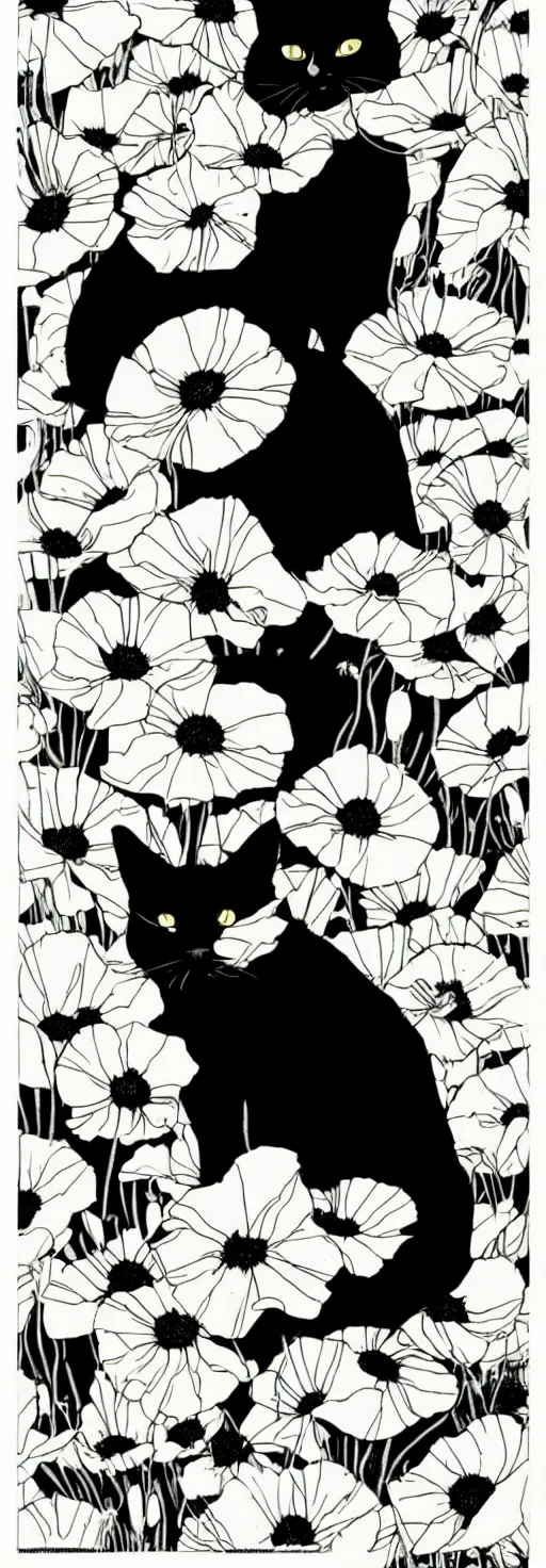 Prompt: black and white minimalist risograph poster of a cat sitting in california poppies