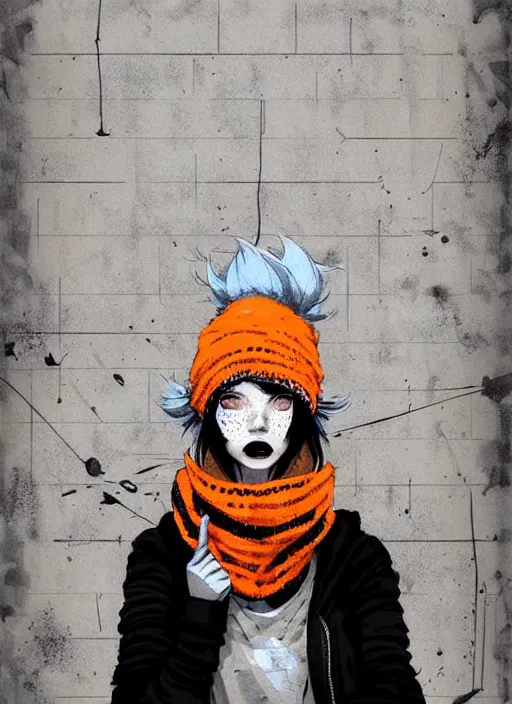 Image similar to highly detailed portrait of a sewer punk lady student, freckles, beanie cap, tartan scarf, white hair by atey ghailan, by greg rutkowski, by greg tocchini, by james gilleard, by joe fenton, by kaethe butcher, gradient, orange, black, brown and cream color scheme, grunge aesthetic!!! white graffiti tag wall background