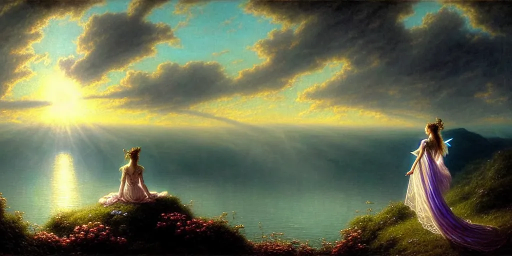 Prompt: an elegant fairy queen in a blue lace dress dancing looking out at a lord of the rings scenery landscape, staring across the sea at a white sail boat, sunrise, god's rays highly detailed, vivid colour, soft clouds, floral sunset, cinematic lighting, perfect composition, gustave dore, derek zabrocki, greg rutkowski, belsinski