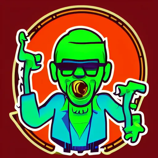 Image similar to svg vector sticker of absolutely insane-mad-scientist-villain, rocking out, wearing headphones, huge speakers, dancing, rave, DJ, spinning records, digital art, amazing composition, rule-of-thirds, award-winning, trending on artstation, featured on deviantart