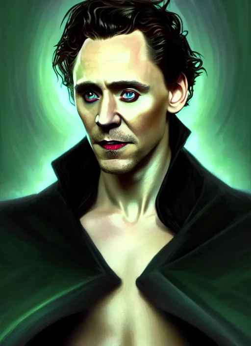 Image similar to portrait of tom hiddleston as a sultry vampire lord, damon salvatore, jewelry, greek, emerald, intricate, headshot, highly detailed, digital painting, artstation, concept art, sharp focus, cinematic lighting, illustration, art by artgerm and greg rutkowski, alphonse mucha, cgsociety