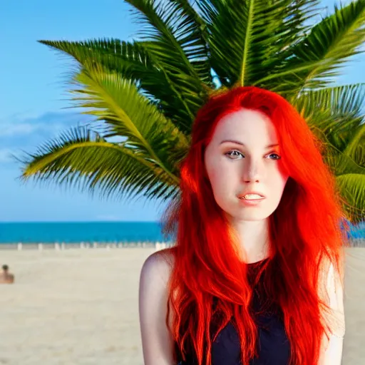 Prompt: red haired girl on beach with a palm tree