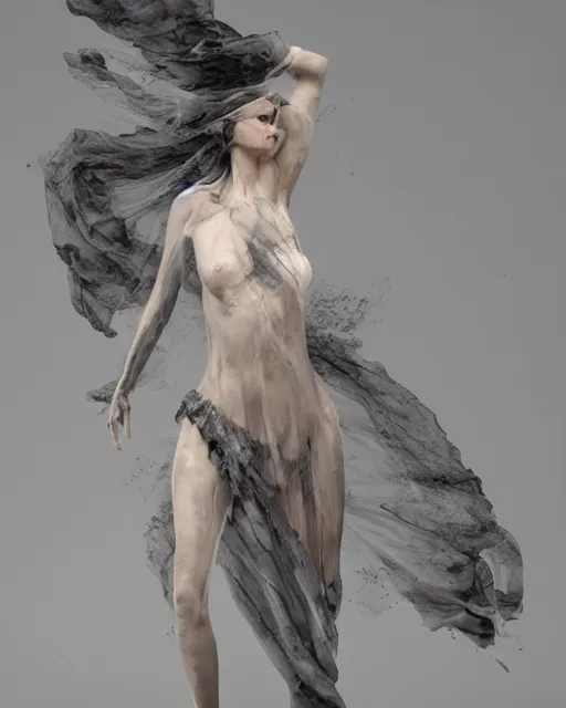 Prompt: professional concept art ethereal ghostlike valkyrie figure fluid simulation in houdini dancing in dark smoke robes and silk veils by ilm, paolo roversi, nick knight, amy judd, beautiful simplified form distorted by turbulent movement, dark studio background, vivid, romantic, trending on artstation, hyperrealism, matte painting, dutch golden age, fine detail, cgsociety