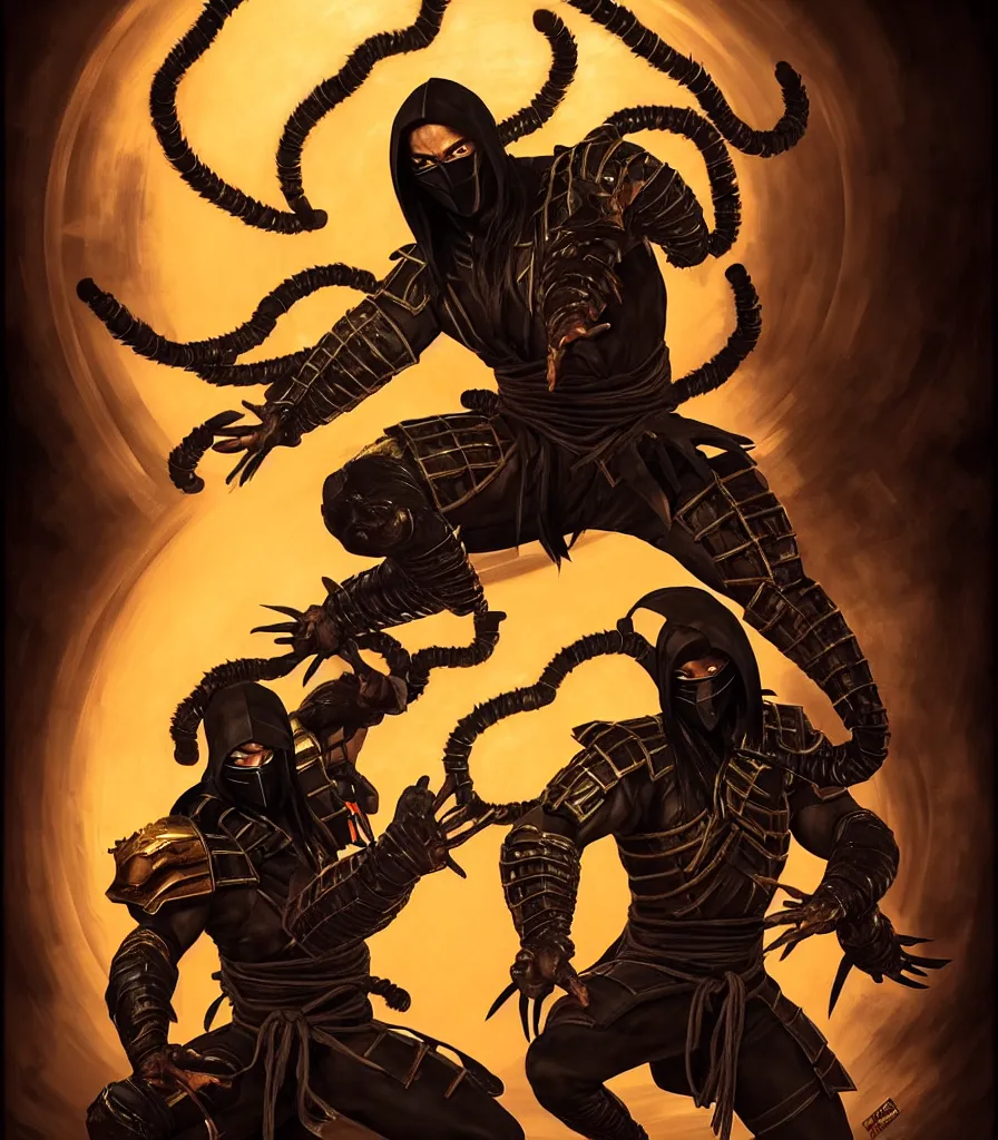 Image similar to portrait of hanzo hasashi scorpion from mortal kombat in the gates of a portal, full body shot, camera pulled back far, highly detailed dramatic lighting, artstation, atmospheric perspective, artgerm, mk ninja, epic ninja suit, intense contrast, 3 light sources, by lee bermejo, alphonse mucha and greg rutkowski