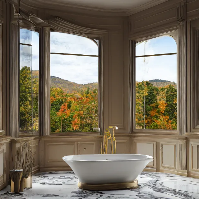 Image similar to marble bathroom interior, bathtub with golden faucet, wood cabinets, marble floor, large window in back with vermont fall foliage river view, large potted plant, realistic, unreal engine render, octane render, hyper realistic, photo, 8 k