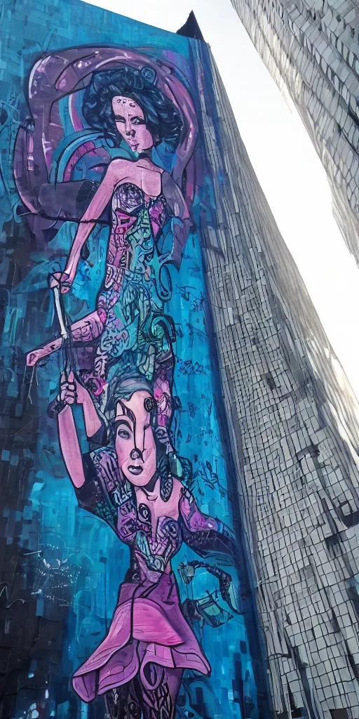 Prompt: graffiti mural of a witch on a futuristic scifi skyscraper