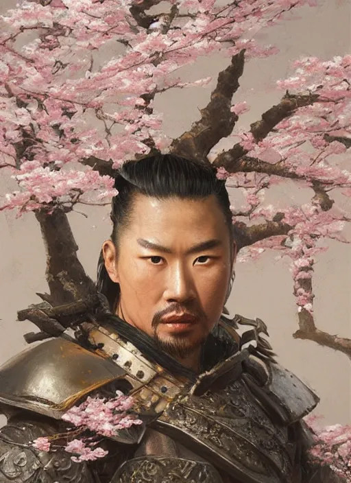 Prompt: oil painting of a male samurai wearing armor while sitting under a cherry tree with white blossom. detailed face, greg rutkowski, edward robert hughes, tony sart