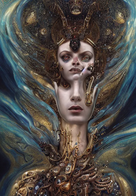 Image similar to epic portrait of menacing and anxious yet stunningly beautiful biomechanical djinn overseeing the iridescent fabric of time and space, by charlie bowater, mandy jurgens, gustav klimt, octane render, dramatic camera angle, 4k, 8k, high detail, HDR, by tom bagshaw, powerful, with inspiration from Beksinski, inspired by greek goddess Athena