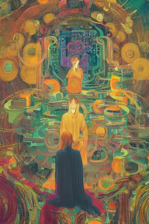 Image similar to portrait of an engineer woman programming the samsara holy cluster, fine portrait, concept art, stunning, visionary, hyper realistic, detailed, by brecht evens, by jean delville, by francis bacon, by victo ngai