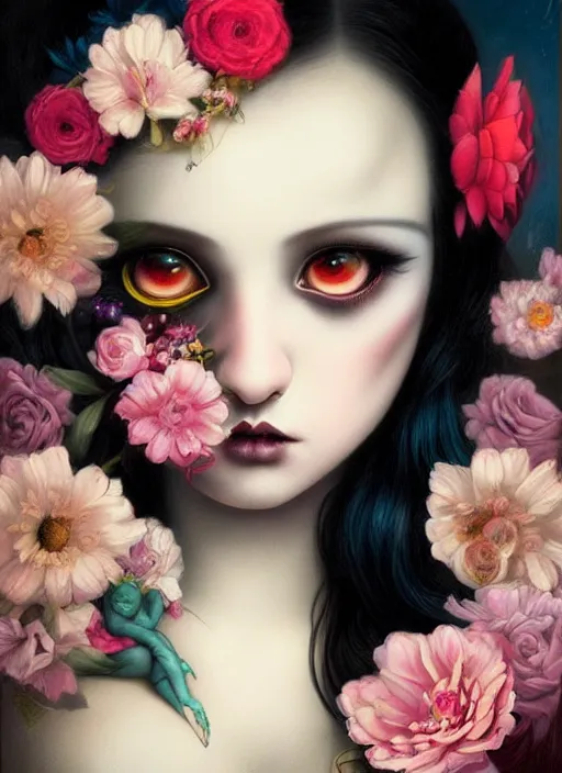 Image similar to pop surrealism, lowbrow art, realistic seductive cute woman painting, long black hair, japanese shibari with flowers, hyper realism, muted colours, rococo, natalie shau, loreta lux, tom bagshaw, mark ryden, trevor brown style,