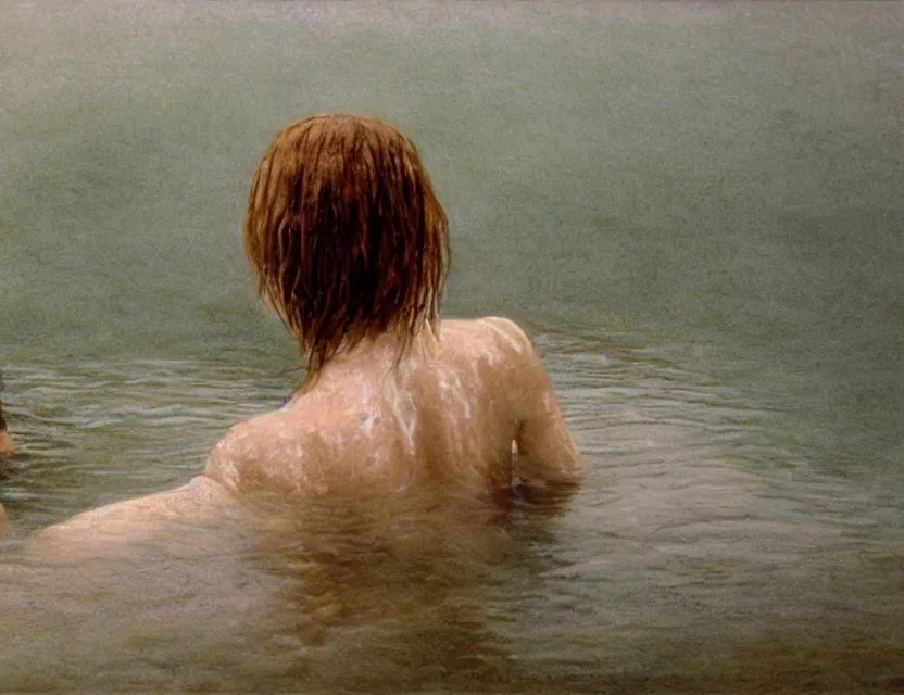 Image similar to peasant with wet hair taking a bath in a lake, back view, cottage core, cinematic focus, polaroid photo bleached vintage pastel colors high - key lighting, soft lights, foggy, by steve hanks, by lisa yuskavage, by serov valentin, by tarkovsky, 8 k render, detailed, oil on canvas