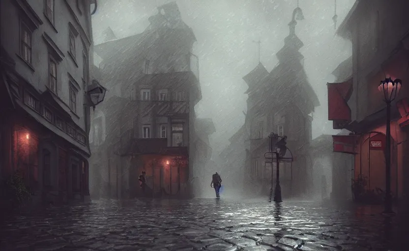 Prompt: extreme long shot concept art depicted rainy old austrian town, dramatic mood, deep environment, art by legends of runeterra and michelangelo buonarotti, trending on artstation, unreal engine