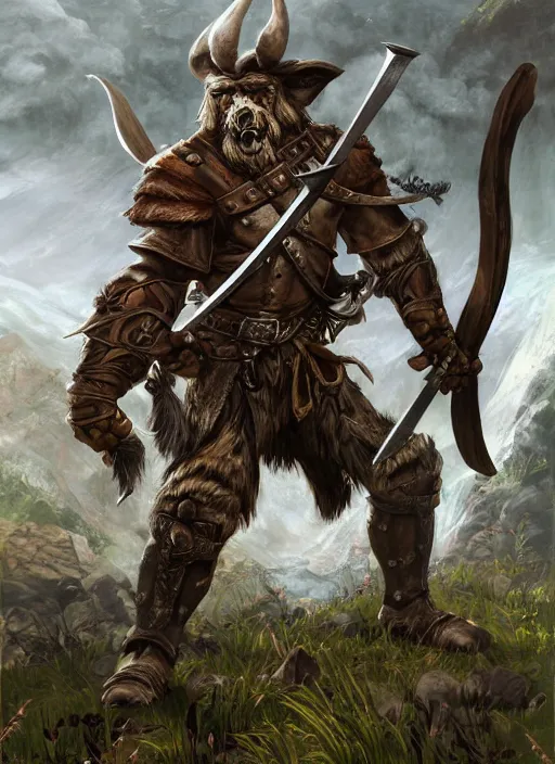 Image similar to strong young man, photorealistic bugbear ranger holding aflaming sword, black beard, dungeons and dragons, pathfinder, roleplaying game art, hunters gear, jeweled ornate leather and steel armour, concept art, character design on white background, by alan lee, norman rockwell, makoto shinkai, kim jung giu, poster art, game art