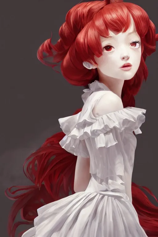 Image similar to a beautiful white frilled red dress girl is staring down from the top of a tall tower, extremely detailed and beautiful aesthetic face, seductive pose, super detailed eyes, low angle, highly detailed, digital painting, artstation, concept art, smooth, sharp focus, illustration, unreal engine 5, 8 k, art by hiroaki samura and jiro matsumoto