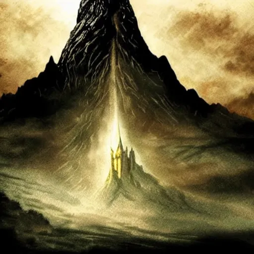Image similar to Lord of the Rings cover art of the misty Mountains with the shadow of a forked tower over them in the style of J.R.R Tolkien