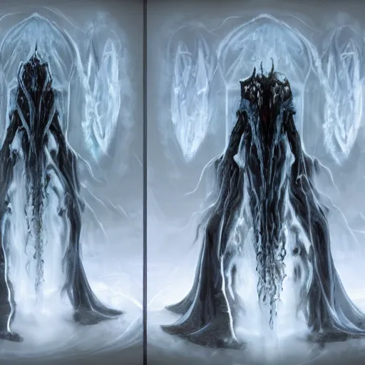 Image similar to concept designs for an end game boss that is an ethereal obsidian ghostly wraith like figure with a squid like parasite latched onto its head and long tentacle arms that flow lazily but gracefully at its sides like a cloak and chains rattling at its sides while it floats around a frozen rocky tundra in the snow searching for lost souls and that hides amongst the shadows in the trees, this character has hydrokinesis and electrokinesis for silent hill video game and inspired by the resident evil game franchise