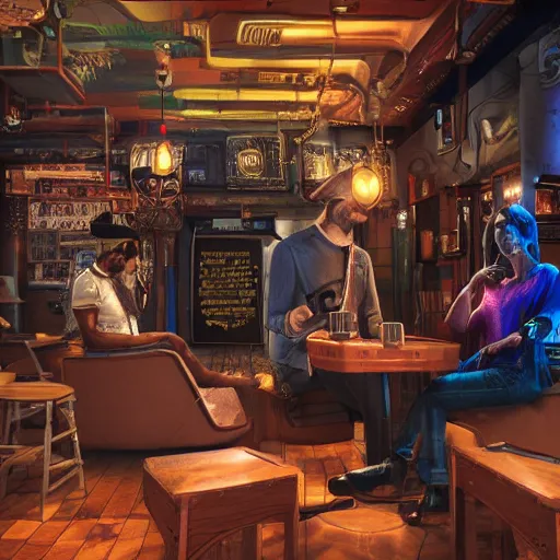 Prompt: a high quality portrait of a pirate in a cyberpunk cafe realism 8k