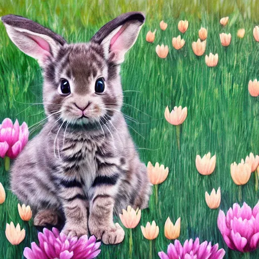 Image similar to hybrid animal mix between cute fluffy tan lop eared bunny rabbit and fluffy grey striped tabby kitten in spring meadow landscape with pond detailed painting 4k