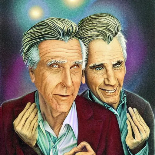 Image similar to Leslie Nielsen and Jim Carrey, artwork by Daniel Merriam,