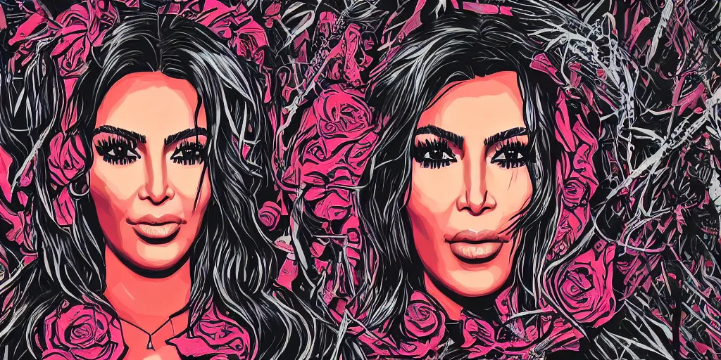 Prompt: kim kardashian on a coachella stage in the style of a slipknot album cover, minimal art style, highly detailed, intricate, digital painting, artstation, 3 5 mm film grain