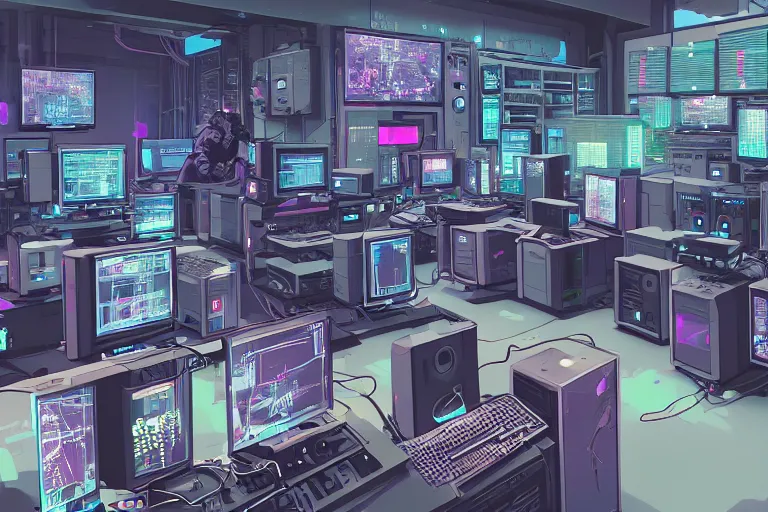 Image similar to a computer room filled with lots of monitors, cyberpunk art by tomer hanuka, cgsociety, retrofuturism, greeble, dystopian art, circuitry