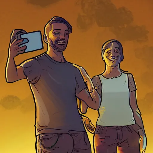 Prompt: people taking selfies while the world is ending in a nuclear disaster, digital art, artstation, 4 k