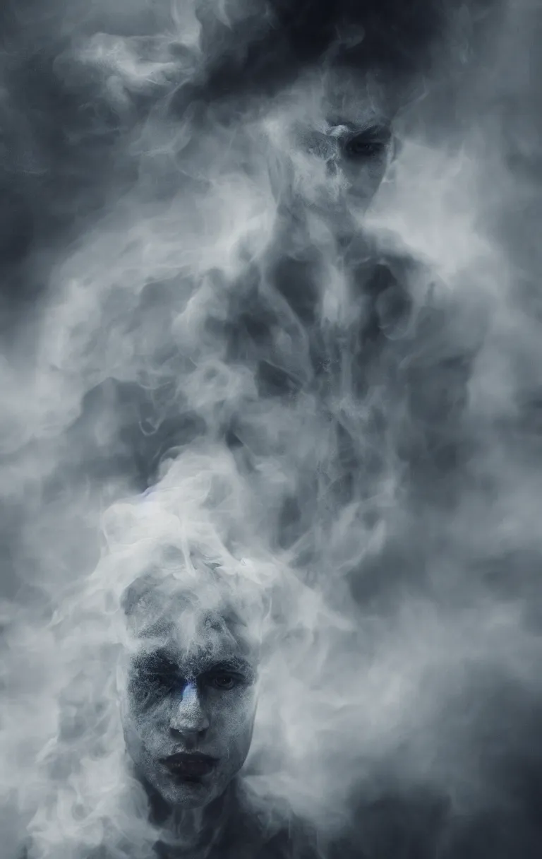 Image similar to portrait ghostly male figure, made of white and black smoke, warm light from behind, cinematic, hyper realistic, hyper detailed, octane render, blue eyes, 8K,